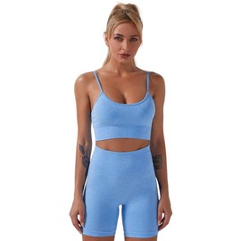 HANERDUN Women's Sports Suits, 2 Pieces, Seamless Outfit, Tracksuit, Jogging Suit, Deep V and Leggings, Clothing Sets, Yoga Outfit, Leisure Suit, Sportswear, Suitable for All Year Round, Blue 2
