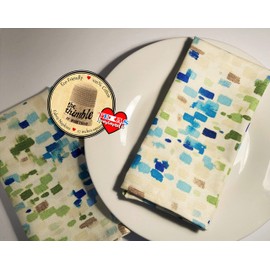 Set of 2 Abstract Print Napkins - Custom Made in Your Size - Paint Strokes in 100% Cotton Duck Canvas Fabric - Beige with Blues and Greens - Hemmed - Homemade in Texas (17, Standard)