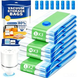 8 Piezas Bolsas de Almacenamiento al Vacío con Bomba Eléctrica : Bolsas Compresoras de Ropa Viaje, Gran Capacidad, Ahorran Espacio, Almacenamiento Reutilizable para Ropa, Almohadas y Edredones(8pcs)