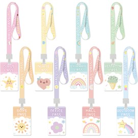 8 Set PVC Hall Pass Lanyards Pastel Unbreakable Hall School Passes Teacher Supplies for Classroom Elementary Middle School Bathroom Library Office Nurse