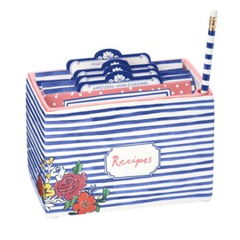 C.R. Gibson White and Blue Striped Floral Recipe Box, with Tab Dividers and Coordinating Recipe Cards, 53pc, 6.5'' W x 4.75'' H x 4.25'' D
