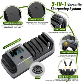 5-in-1 Electric Knife Sharpener for All Knives – Diamond Abrasive Sharpener with 3 Speeds & LCD Display | Sharpens Straight, Serrated, Kitchen Knives & Scissors | Automatic, Safe, Easy to Use (GERY)