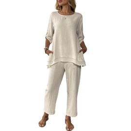 heipeiwa Women's Linen 2 Piece Outfits Rolled Sleeves Tops Wide Leg Trouser Pants Suits Summer Casual Dressy Linen Sets