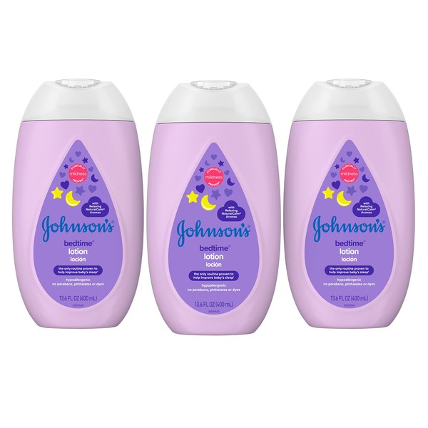 Johnson's Moisturizing Bedtime Baby Lotion with Coconut Oil & NaturalCalm Aromas to Help Relax Baby, Hypoallergenic & Free of Parabens, Phthalates & Dyes, Mild Baby Skin Care, 13.6 fl. oz x 3 Pack
