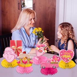 Mothers Day Decorations Honeycomb Centerpieces, 12Pcs Mothers Day Table Decorations Best Mom Ever Mothers Day Centerpieces 3D Mothers Day Table Centerpiece for Mothers Day Party