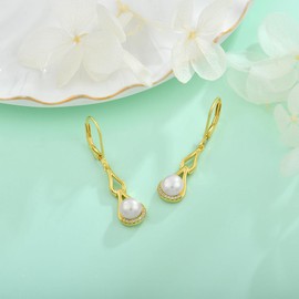 BELRYO Infinity Pearl Earrings for Women 925 Sterling Silver Leverback Dangle Drop Earrings with 8MM Freshwater Pearl Cubic Zirconia Earrings Christmas Jewelry Yellow