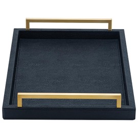 XIGEXIGE Black Faux Leather Serving Tray, 17x12 inches, Brushed Gold Handles, Decorative Tray for Ottoman Coffee Table, Living Room, Kitchen, Bathroom