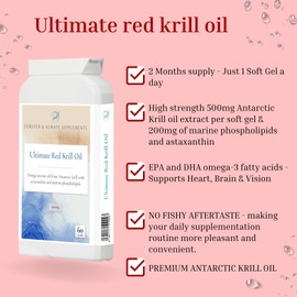 Antarctic Krill Oil Extract 500mg, Soft Gel Capsules, 60 Count, High Strength Red Omega 3 Fatty Acid with Phospholipids, Choline & Astaxanthin, Forever & Always Supplements