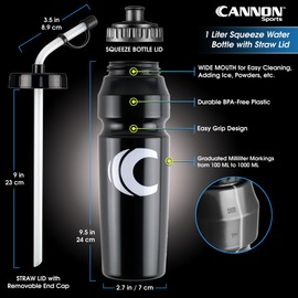 Cannon Sports 1 Liter Sports Water Bottle, BPA-Free, 34 Oz Capacity, Large Mouth, 2 lids (Straw and Squeeze), Great For Helmet Sports Such As Hockey, Lacrosse, Football, Boxing (Black)