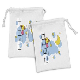 Ambesonne Star Fabric Pouch Set of 2, Girl on Ladder Hanging a Star in the Night Sky with Half Moon Cartoon Picture, Small Drawstring Bag for Toiletries Masks and Favors, 9" x 6", Yellow Blue