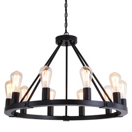 9MMML 10 Lights Wagon Wheel Chandelier, Black Round Globe Wrought Iron Pendant Lights for Dinging&Living Room Kitchen Island Porch Enteyway Hallway,Dia26.4,E26 Bulbs, Heights Adjustable