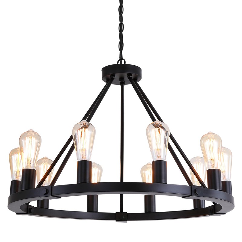 9MMML 10 Lights Wagon Wheel Chandelier, Black Round Globe Wrought