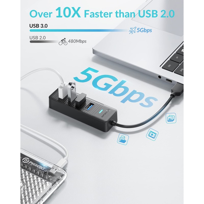 PHIXERO USB 3.2 Gen1 Compact Hub, USB A 4-Port Splitter