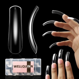 Wellquinn Curved Square Nail Tips Full Cover Nails XXL Clear Press on Extra Curve Long Acrylic False Nails for Nail Extension 240Pcs 12 Sizes Q53