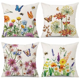 BCKAKQA Cushion Covers 45cm x 45cm Set of 4 Colourful Flower and Butterfly Decorative Throw Pillow Covers 18x18 inches Linen Square Throw Pillow Cases for Living Room Sofa Couch Bed Pillowcases