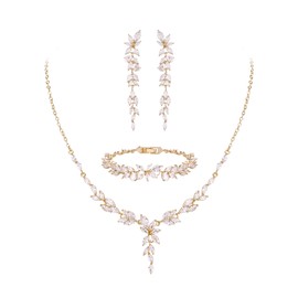 EVER FAITH Cubic Zirkonia Schmuck Set für Braut Brautjungfer, elegante Marquise Blatt Blume Hochzeit Halskette baumeln Ohrringe Armband für Damen Klar Gold-Ton