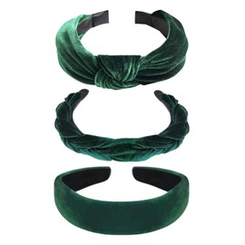 Yeomju Pack of 3 Velvet Headband Braided Dirndl Hair Accessories, Wide Padded Headband with Knot for Women and Girls, Vintage Headband in Dark Green for Carnival and Theme Party