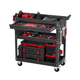 VEVOR 4-Tier Tool Cart with Wheels, 350 lbs Load Capacity, Rolling Work Cart with Drawer & Pegboard, Mechanic Tool Storage Organizer with Locking System for Garage, Warehouse and Repair Shop, Black