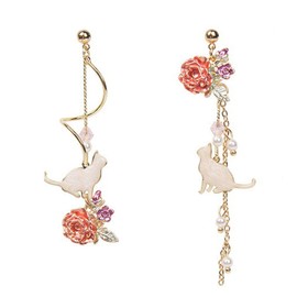 Cat Earrings - Flower Cat Asymmetrical Earrings, Earrings for Girls, Sterling Silver Stud Earrings,Silver Earings,Pink Flower Pearl Sakura Leaf Earrings Ginkgo Biloba Cat Fairy Flower for Women Girls