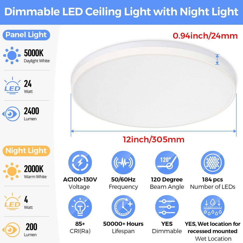 SunRider 2-Pack LED Flush Mount Ceiling Light Fixture with Night