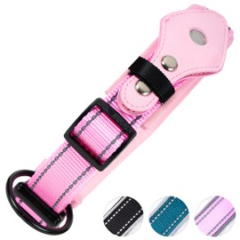 Safe Paws Reflective Airtag Dog Collar with Soft Neoprene - Our Durable Airtag Collar Holder Uses Heavy Duty Buttons to Secure Your Airtag - Air Tag Collars for Small Medium Large & XL Dogs (Pink L)