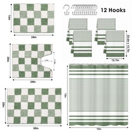 Britimes 8 Pcs Sage Green Bathroom Sets with Shower Curtain and Rugs, Modern Striped Shower Curtain Liner, Non Slip Bath Mat and Soft Towels for Bathroom Decor and Accessories Hooks