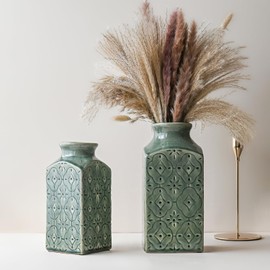 LIZOFER Modern Ceramic Vase Set of 2 for Living Room Bedroom 9.3'' and 7.9'' Flower Vases for Home Decor Office Centerpieces Vintage Antique Green Farmhouse Rustic Minimalist Gift for Fake Plant