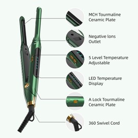 Mvxitanny Small Flat Irons for Short Hair, 15s Ultra Fast Heat Up Pencil Flat Iron, Negative Ions Mini Flat Iron for Edges, 3/10'' Travel Hair Straightener with LED Display Auto Shut Off（Green）