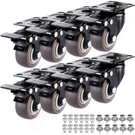 1.5" Casters Set of 8 Heavy-Duty Industrial Caster Wheels with Brake PU No Noise Wheels with Double Locking and Double Ball Bearing Swivel Locking Casters for Workbench, Furniture, Plate Castors Grey