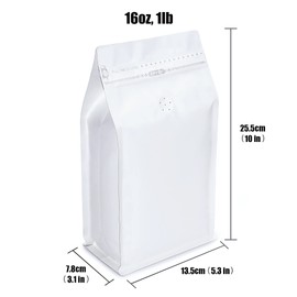 White Kraft Paper Stand Up Coffee Bag/Flat Bottom Coffee Pouch with One Way Degassing Valve and Reusable Side Zipper(Pull Tab to Open) (16oz, 1lb, 50 Pieces)