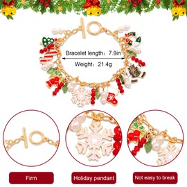 Hying 1 Piece Christmas Bracelets for Women, Xmas Trees Wreath Bracelet Snowflake Pearl Beaded Charm Bracelets Christmas Themed Accessories Festive Jewelry Gifts for Christmas Party Favor