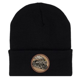 PATCHTOWN Steam Engine Train Beanie Hat - Cold Weather Toboggan Cap/Ski Cap with Embroidered Locomotive Black