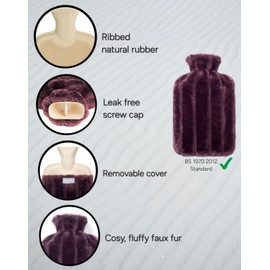 Brevian® 2 Litre Large Hot Water Bottle with Soft Luxury Faux Fur Cover UK (Plum Purple, Regular)