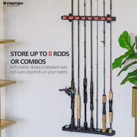 THKFISH Fishing Rod Rack Store 8 Fishing Rod Holders Rod Rack Wall Mount Vertical Fishing Pole Holders for Garage Room, Boats Store 8 Fishing Rod Combos,1pair red
