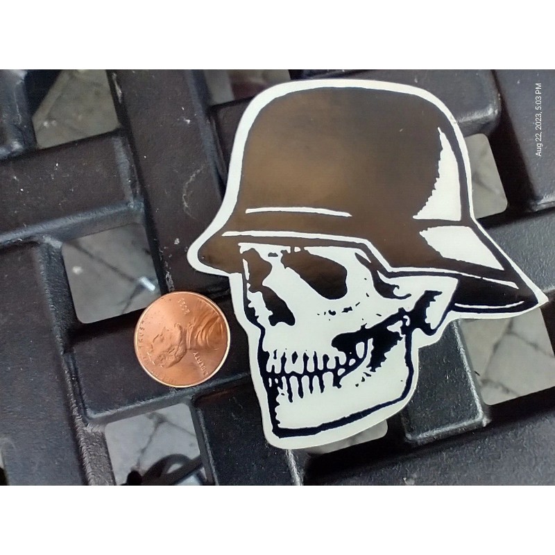 Small Hand made Decal Sticker Smiling SKULL BIKER HELMET Left
