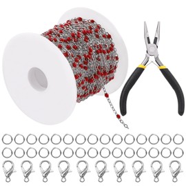 Swpeet 42Pcs 16 Ft/5M Silver Jewelry Chain 304 Stainless Steel Soldered Red Beaded Link Cable Chain Necklace Bulk with 10 Lobster Clasps, 30 Jump Rings, 4'' Pointed Nose Pliers for Jewelry Making