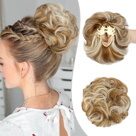 Wodelanle Claw Clip Messy Bun Hair Piece Wavy Hair Bun Curly Messy Bun Hair Piece Synthetic Tousled Updo Hair Extensions Ponytail Scrunchies Hairpieces for Women,Ginger Blonde Mix Bleach Blonde