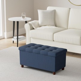 Ao Lei 30 Inches Storage Ottoman Bench, Storage Bench with Wooden Legs for Living Room Ottoman Foot Rest Removeable Lid for Bedroom End of Bed, Linen Fabric, Folding Blue Ottoman