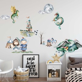 WANDKIND Knight and Dragon Wall Sticker for Children's Room V383 | Hand Drawn | Sticker Nursery | Baby Room Wall Sticker Castle Princess Wall Decoration (100 x 100 cm)