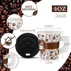 Teenyyou 100 Set 4 oz Disposable Espresso Cups Bulk with Lids Wide Handles Printed Paper Disposable Coffee Cups for Hot Chocolate, Tea, Cocoa