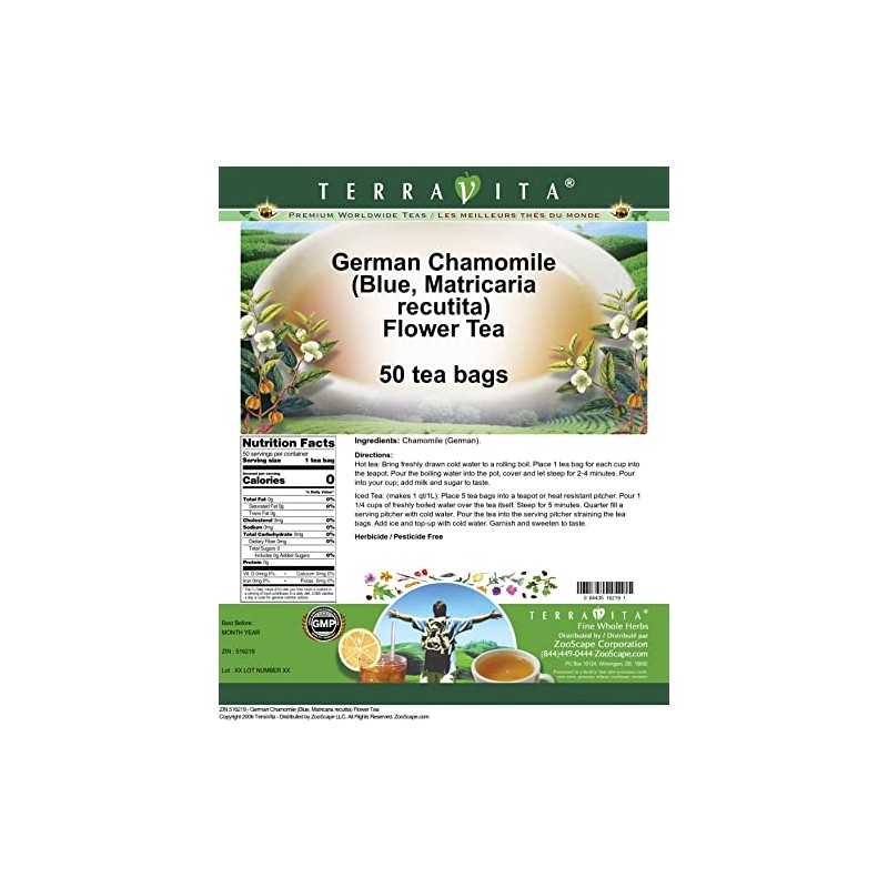 German Chamomile (Blue, Matricaria recutita) Flower Tea (50 tea bags,
