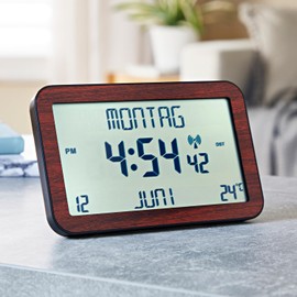 3 PAGEN® Radio-Controlled Clock with Large Display - Digital Clock with Date, Temperature and Day Display - Large Numbers for Easy Readability - Wood Effect