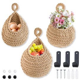 SHAIDOJIO Pack of 3 Fruit Hammock, Fruit Basket Hanging, Hand-Woven Hanging Basket for Fruit Storage, Fruit Hammock with 3 Hooks, Bohemian Style Fruit Wall Hanging Basket for Kitchen, Motorhome, Home