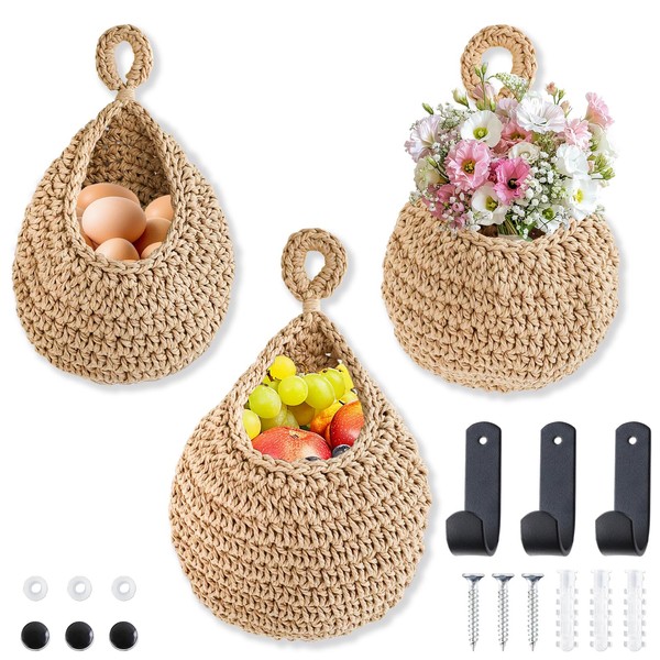 SHAIDOJIO Pack of 3 Fruit Hammock, Fruit Basket Hanging, Hand-Woven