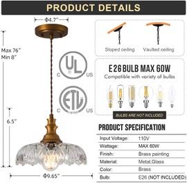 Vintage Glass Pendant Light Fixtures/Chandelier/Antique Hanging Lights Brass/Gold Finish,Farmhouse Modern Ceiling Kitchen Pendant Lighting Over Island/Sink/Table for Bedroom/Dining Room/Bathroom Deco