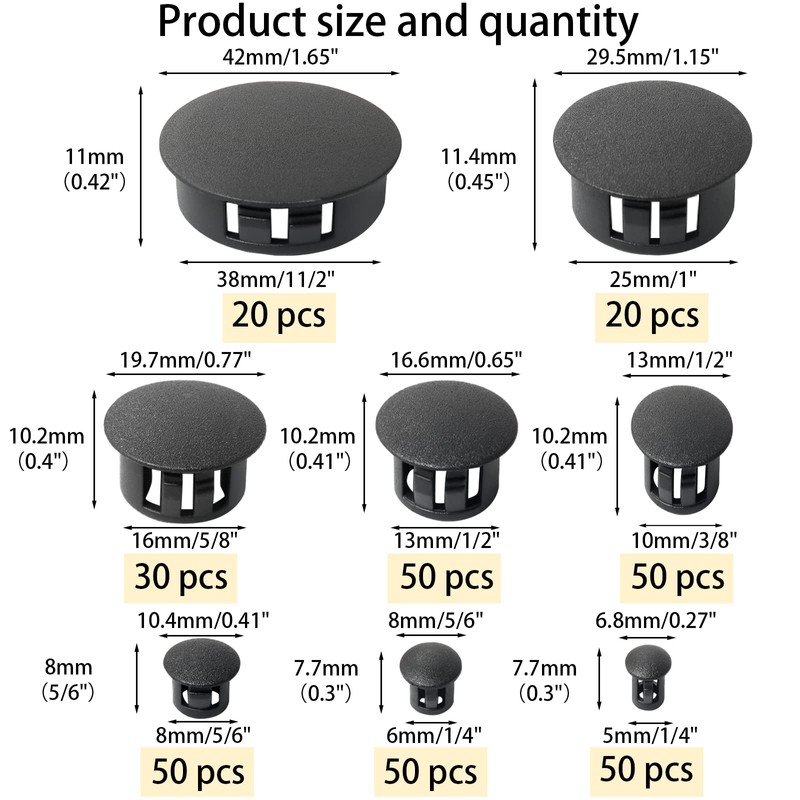 320Pcs 8 Sizes Black Plugs Hole Plastic Hole Plugs Hole