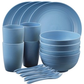 Shopwithgreen Wheat Straw Dinnerware Sets, 20 PCS Microwave Unbreakable Plates and Bowls Sets, Reusable Lightweight Tableware Dinner Dishes, Bowls, Cups, Plastic Dishes for Camping, Kitchen, RV