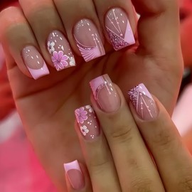 Flower Press on Nails Medium Square Fake Nails Pink French Tip False Nails with Design Daisy Flowers Glue on Nails Glitters Stick on Nails Full Cover Glossy Acrylic Nails for Women Manicure 24PCS