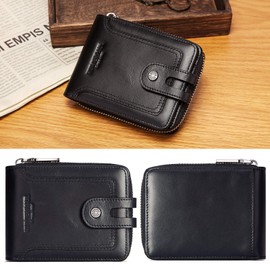 HUMERPAUL Mens Wallet Genuine Leather RFID Blocking Zipper Bifold Wallets with ID Window Card Case Hasp Zip Coin Pocket (Black)