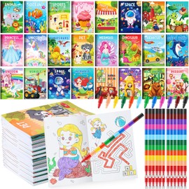 Ben Louis 24Pack Coloring Books for Kids Party Favors with 24 Stacking Crayons Bulk for Ages 2-4-8-12 Classroom Prize Mini Activity Books for Birthday Party Travel Goodie Bags Stuffers